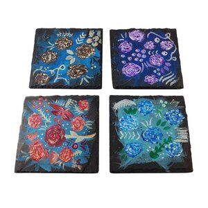 Hand-Painted Slate Coasters With Floral Design - Set Of 4